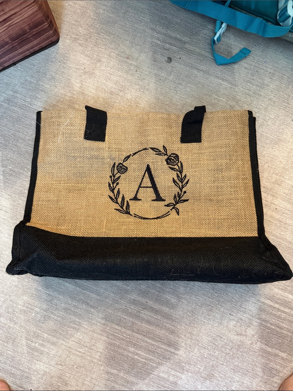 Personalized Monogram 'A' Burlap Tote with Black Trim